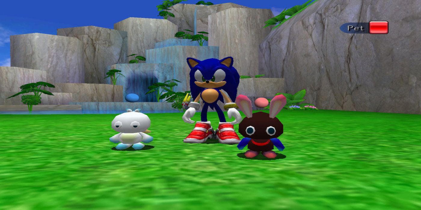 image of sonic standing in front of the waterfalls in chao garden with 2 chaos!!